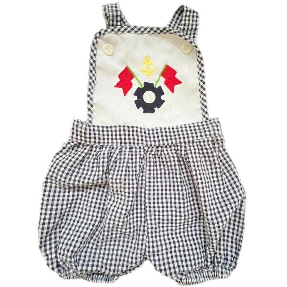 Mon Petit Nautical Gingham Bubble Romper Navy White Embroidered 12 Months